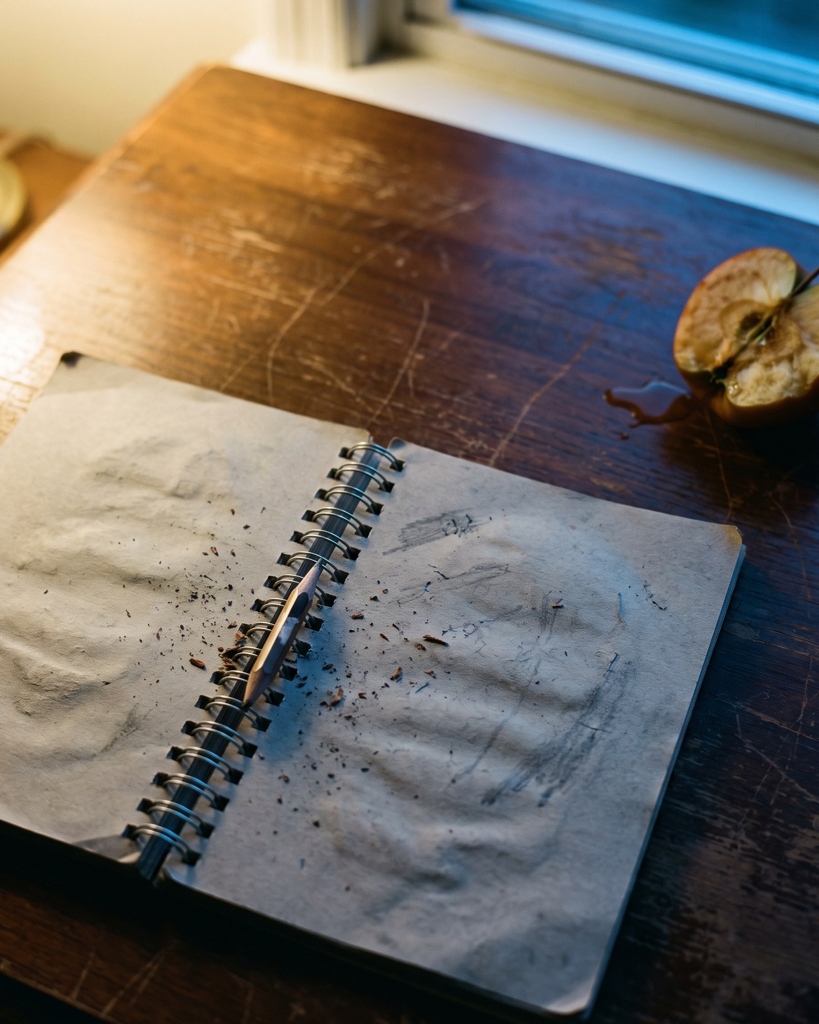 An open notebook worked over with a pencil, a half-eaten apple at the edge of the table