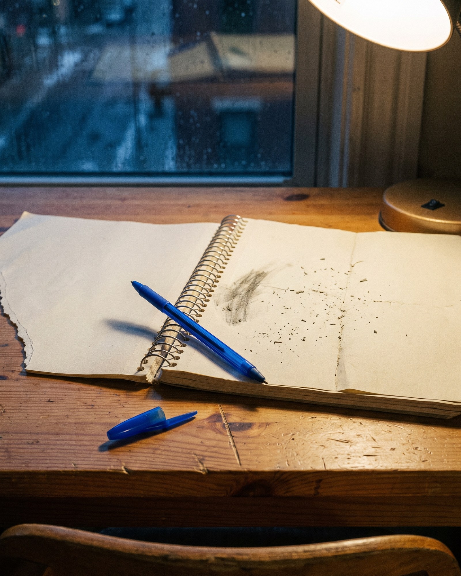 A pen resting on paper in low light