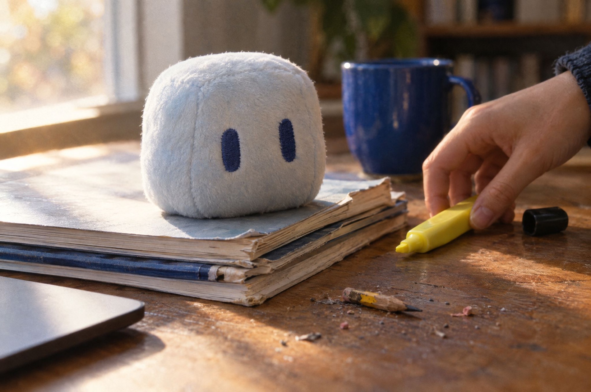 A plush Pip sitting on a stack of notebooks on a student's desk