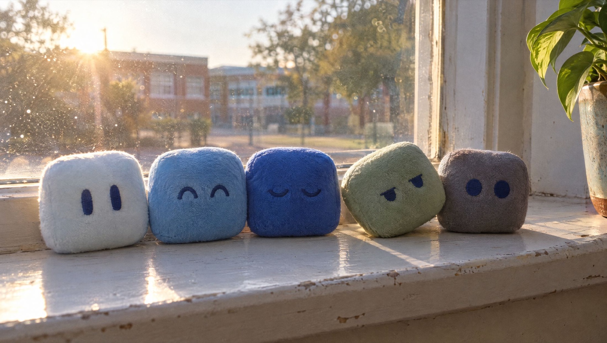 A row of plush Pips in different colours on a sunny windowsill