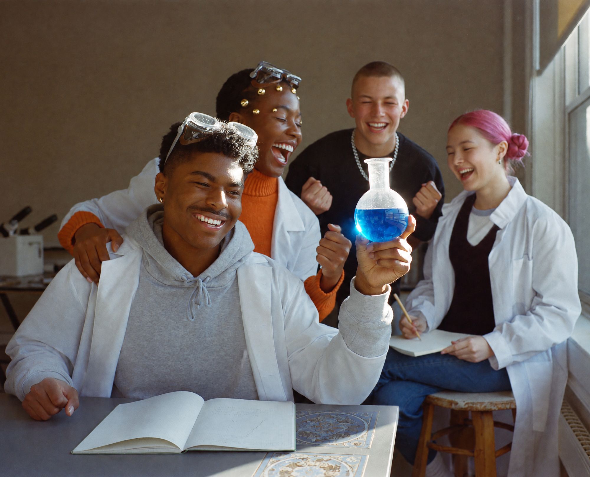 In a sunlit chemistry lab, a teen in pushed-up goggles raises a flask of bright blue liquid as three friends laugh and cheer